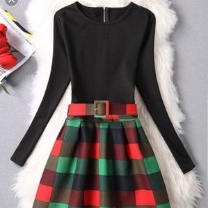 Christmas plaid belted dress